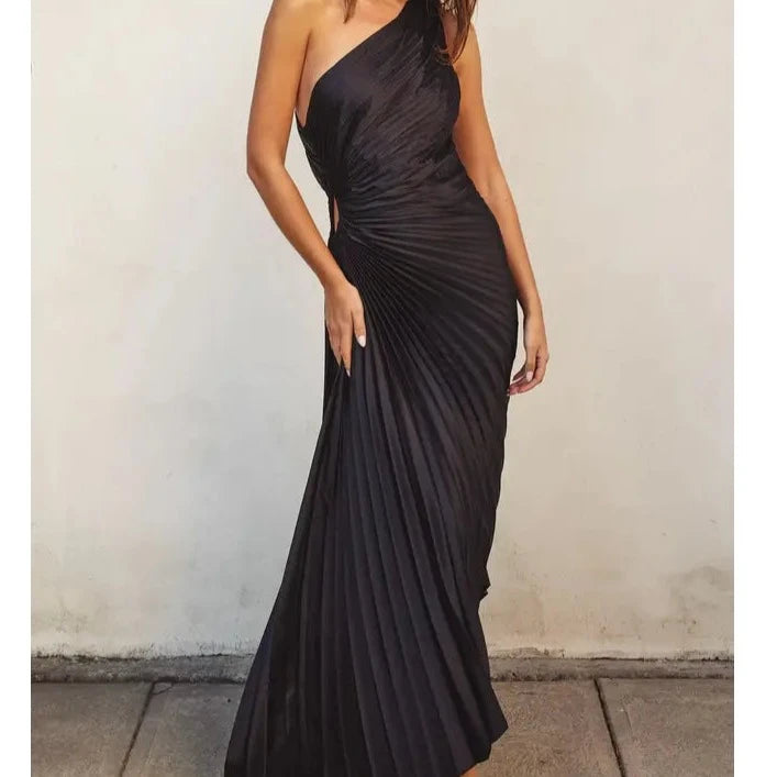 Olympia Asymmetrical Pleated Maxi Dress - Black Bella Mia Olympia Asymmetrical Pleated Maxi Dress - Black Bella Mia