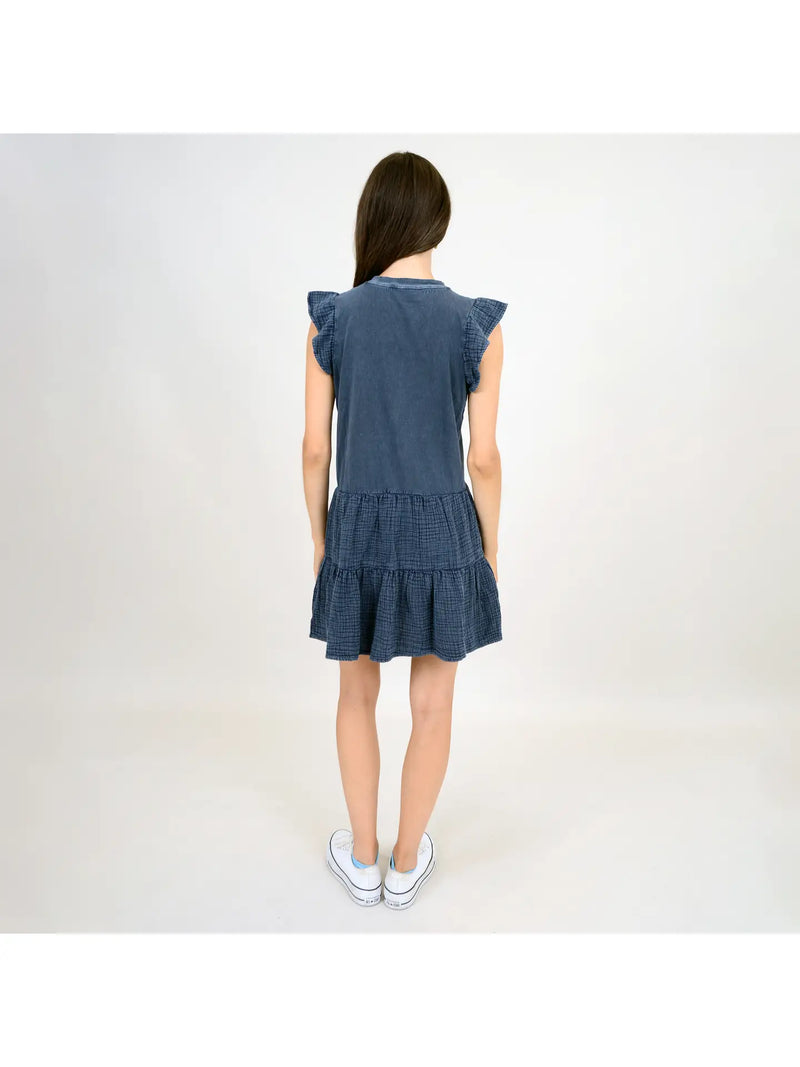 back view of the model wearing the arianna bubble tiered dress. shows the crew neckline. also shows the flutter sleeves, the dropped waist and the tiered skirt. 