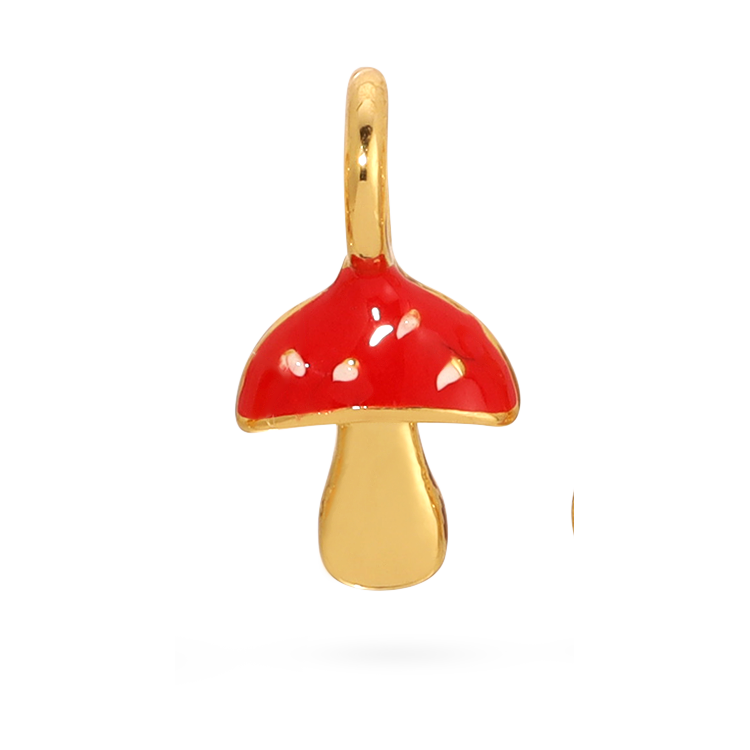 Front view of the gold mushroom by itself. Shows that the top of the mushroom is red with gold speckles and the stem is all gold. 