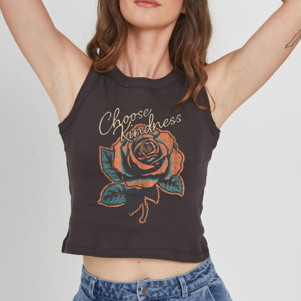 front view of the model wearing the choose kindness tank. shows the ribbed detailing throughout. also shows the rose graphic and the CHOOSE KINDNESS wording and the crew neckline.