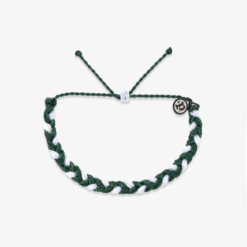 Green and white braided bracelet on a white background