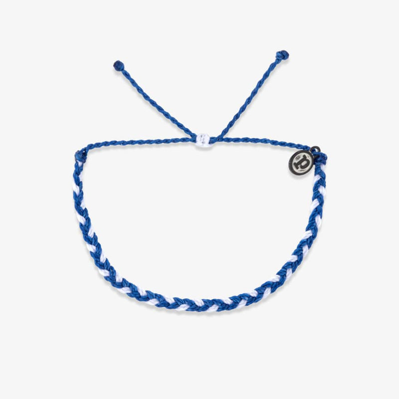 Blue and white braided bracelet on a white background