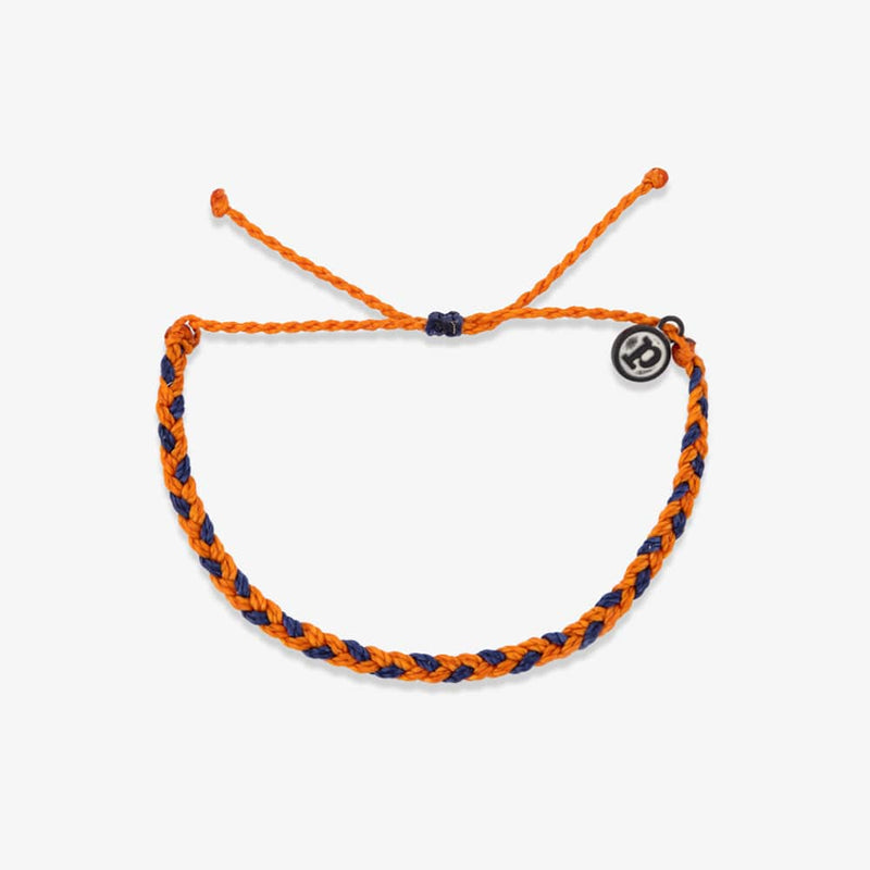 Braided orange and blue bracelet on a white background