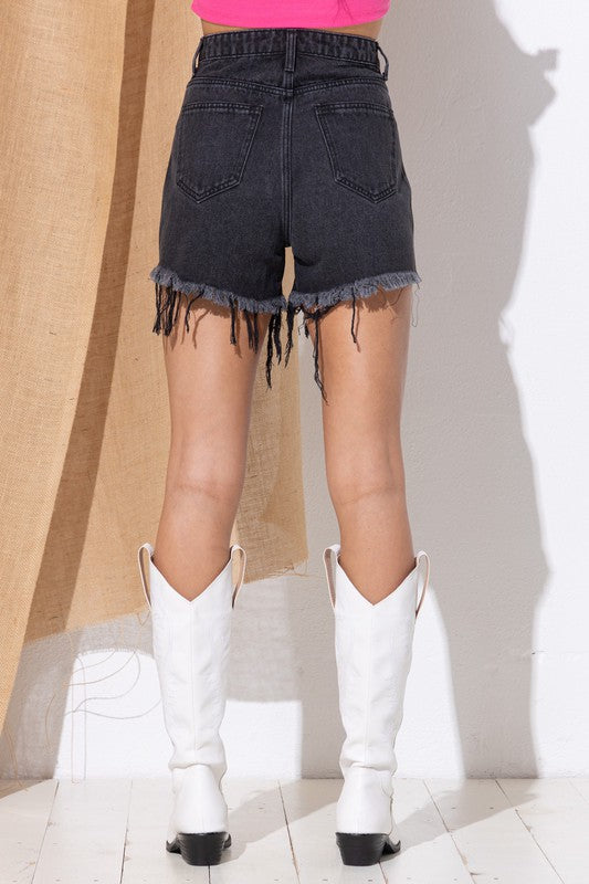 back view of model featuring frayed hemline that falls at high back of thighs
