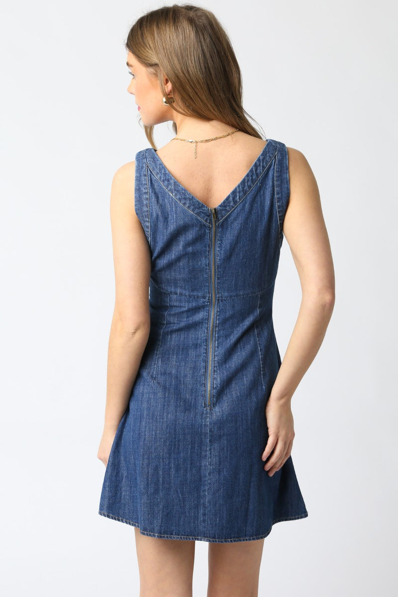 back view of the model wearing the maya denim dress. shows the v neckline. also shows the zipper closure and the a line style. 