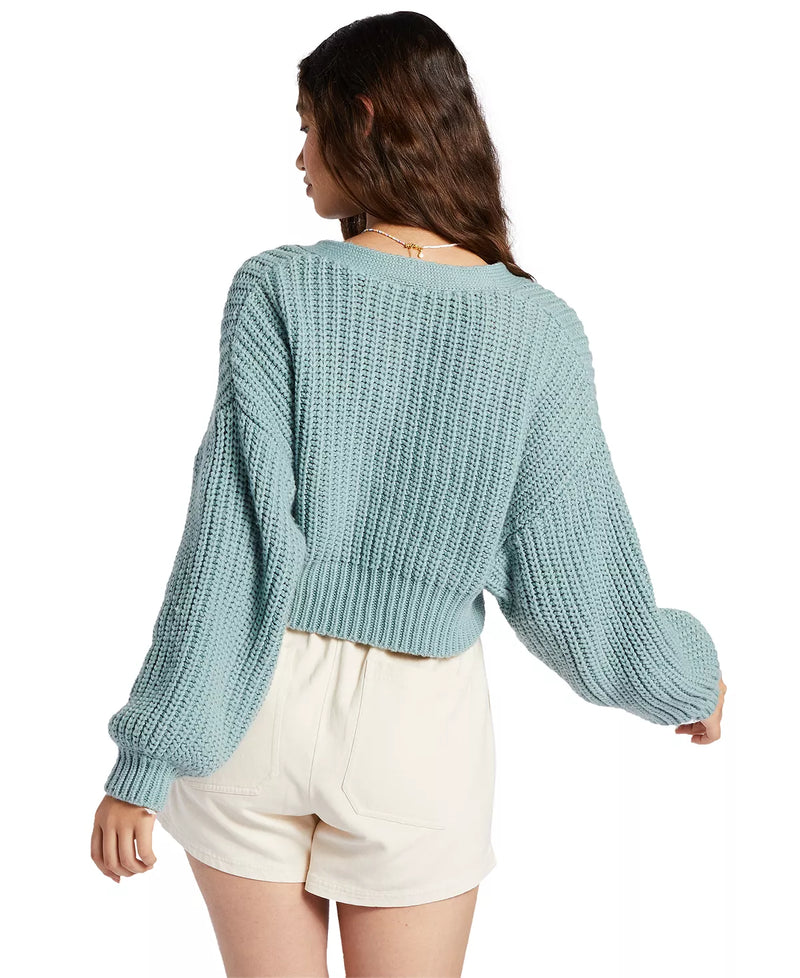 back view of model in cardigan. shows dropped shoulders and long blouson sleeves.