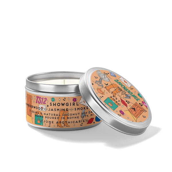 Candle tin with colorful label on a white background
