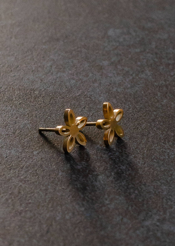 side view of the flower studs. shows the gold color, the stud backing and the five little loops. 