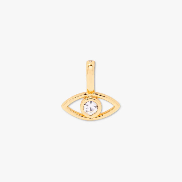 Gold eye-shaped pendant with a clear gemstone on a white background