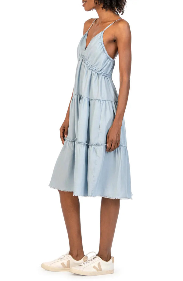 Side view of dress. Shows tiered skit detail with raw hem. Hits model right below the knee.