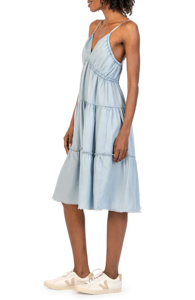 Side view of dress. Shows tiered skit detail with raw hem. Hits model right below the knee.