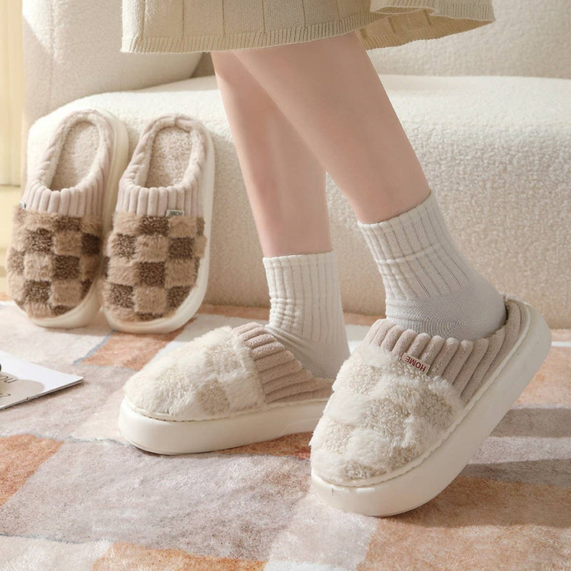 ACCITY - CHECKERED FUZZY WARMIES SLIPPERS_CWSHS0270: White / (8) 1