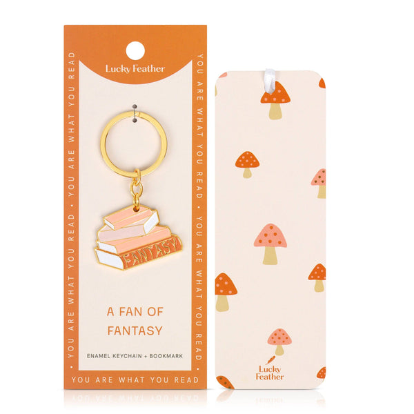 Lucky Feather enamel keychain and bookmark with mushroom design packaging