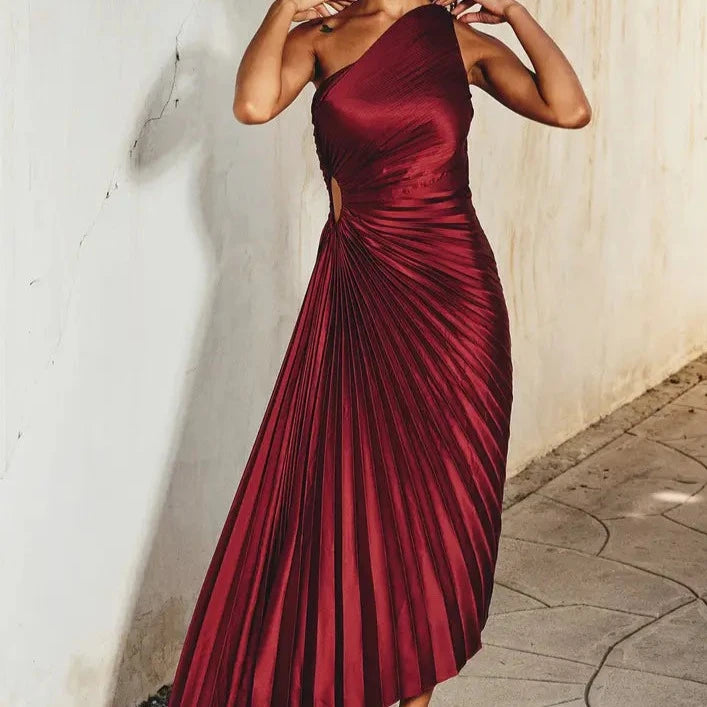 Olympia Asymmetrical Pleated Maxi Dress - Merlot