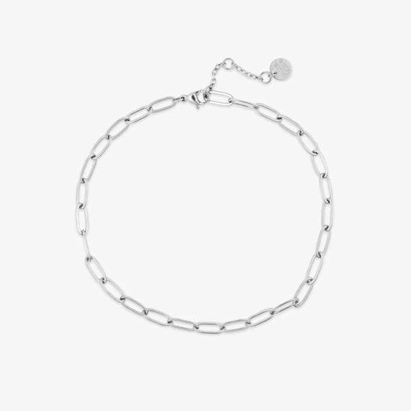 silver paperclip chain anklet on white background.