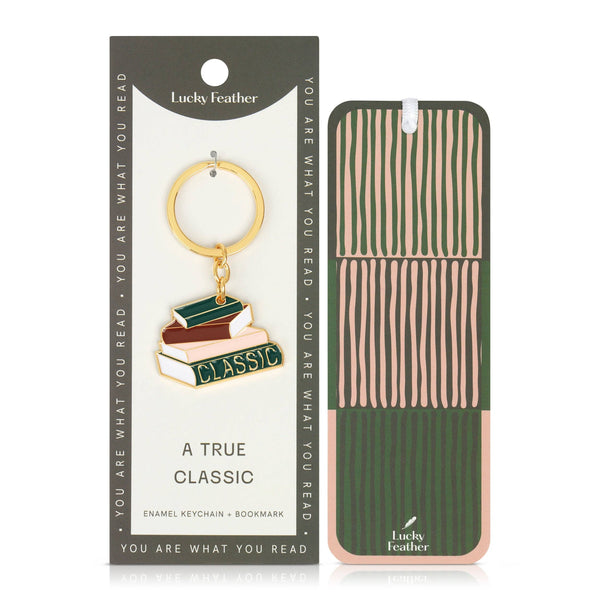 Lucky Feather keychain and bookmark packaging with green and pink design.