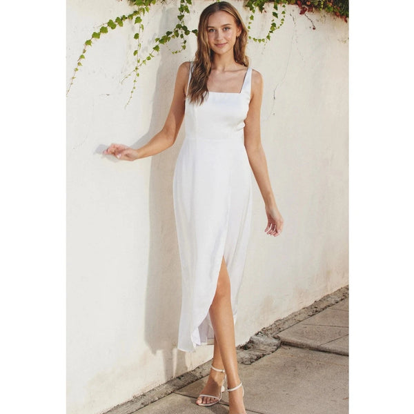 Dull Satin Square Neck Maxi Dress - Off White