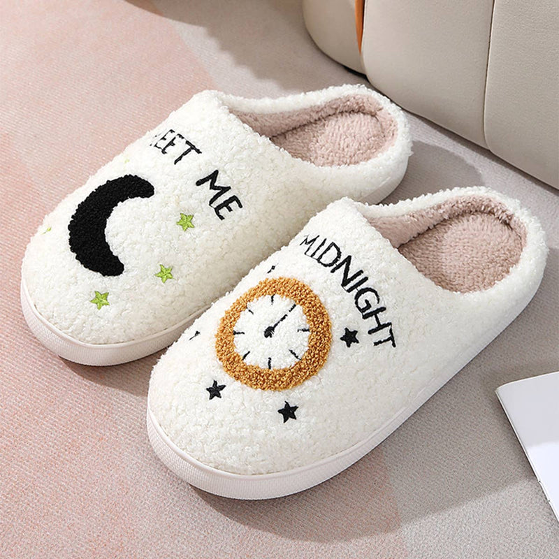 ACCITY - CARTOON MOON AND CLOCK PATTERN INDOOR SLIPPERS_CWSHS0255: White / (7) 1