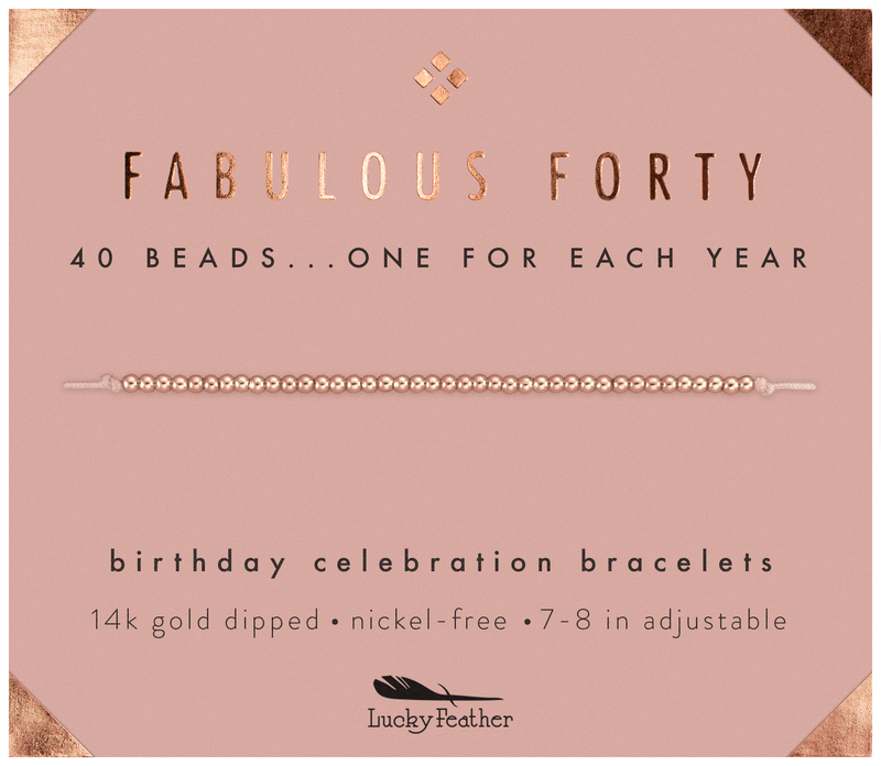 'Fabulous Forty' bracelet with gold text on a pink background