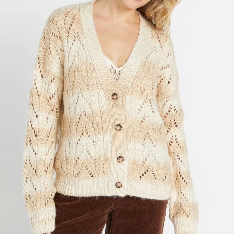 front view of the model wearing the cosmosa cardi in cloud. shows the tonal stripe detail. also shows the ve neckline and the button front closure. 