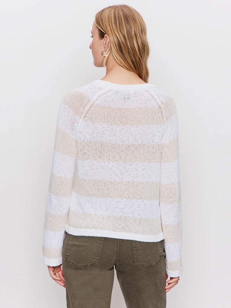 back view of the model wearing the textured raglan sweater in white/ light oat stripe. shows the stripe pattern. also shows the relaxed fit, the long sleeves. 