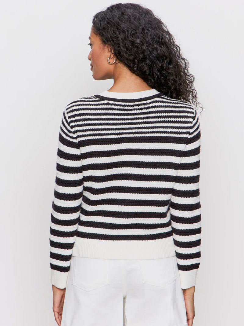 back view of the city summer cardigan. shows the black and white stripes. also shows the ribbed detailing, the regular fit. 