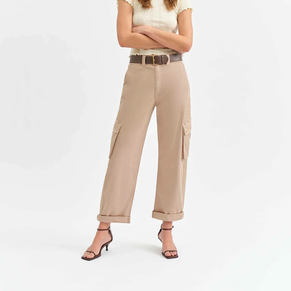 front view of the squad curved leg cargo pants. shows the rolled cuff. also shows the side/leg pockets, the taupe color and the curved leg. 