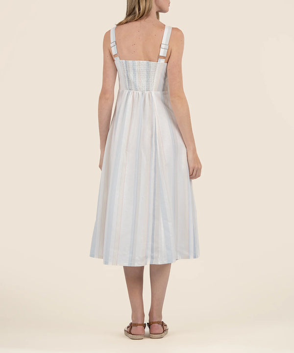 back view of the model wearing the ellie midi slip dress. shows the back elastic/smock backing. also shows the adjustable straps, the midi length and the stripe detailing. 
