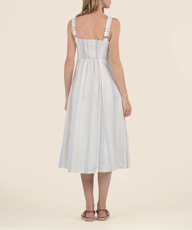 back view of the model wearing the ellie midi slip dress. shows the back elastic/smock backing. also shows the adjustable straps, the midi length and the stripe detailing. 