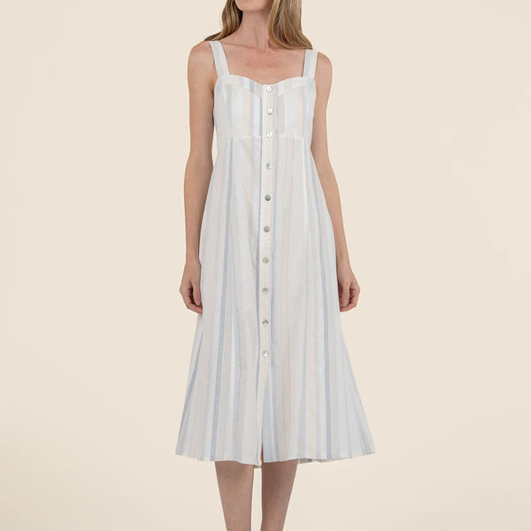 Front view of the ellie midi slip dress. shows the sweetheart neckline. also shows the button down front, the midi length, stripe detailing. 