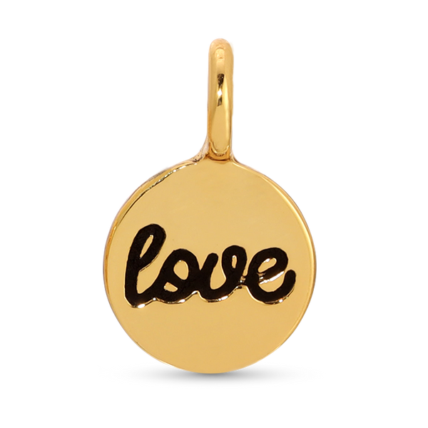 front view of gold love charm by itself. Shows the gold charm with the word LOVE in cursive and black writing. 