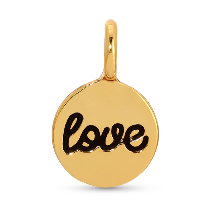 front view of gold love charm by itself. Shows the gold charm with the word LOVE in cursive and black writing. 