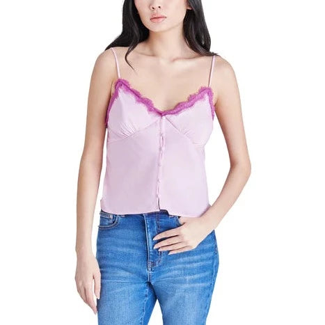 Satin tank top with v-neckline featuring eyelash fabric trim. Thin straps and buttons down the front.