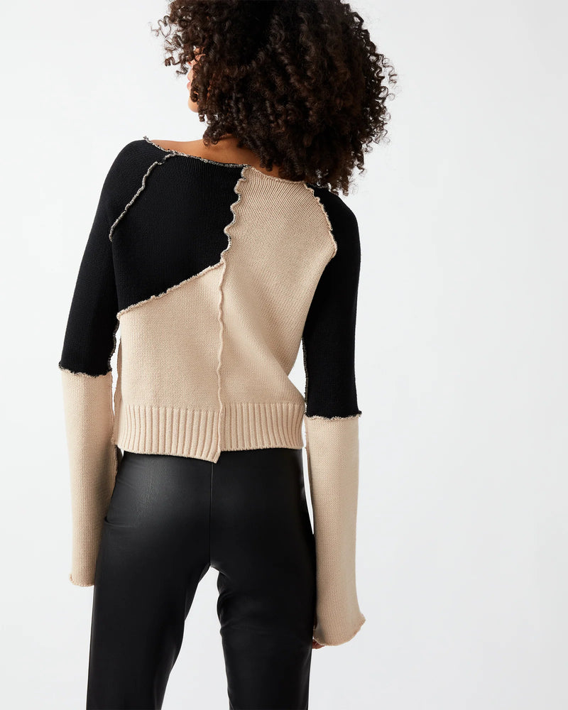 Back view of model wearing sweater. Shows the wide raw edge boat neck. Also shows the exposed shows the asymmetrical hem and the exposed overlock seams. Also shows the bell sleeves.