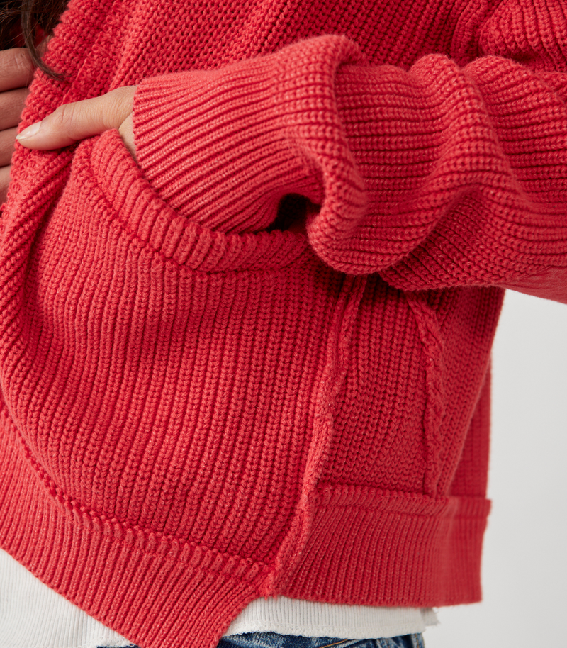 close up of slouchy front pocket and textured knit