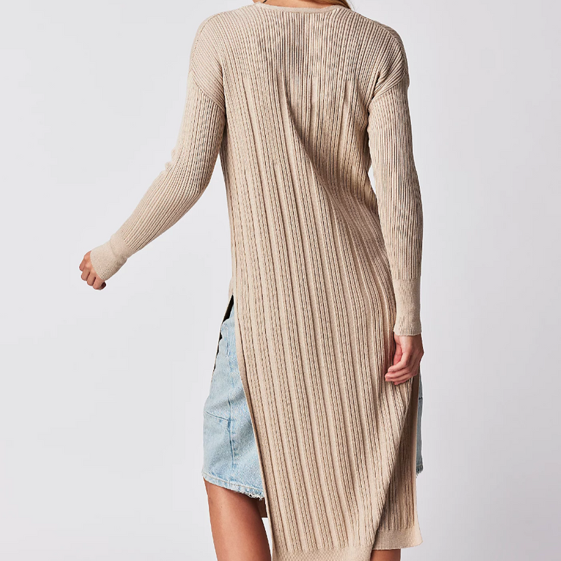 Longline thin knit cardigan back view shows variations in ribbing 
