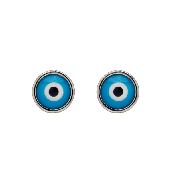 Front view of stud earrings. Blue eyes with small white center with black for the pupil.