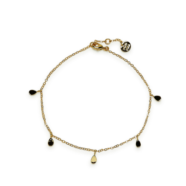 Anklet is laying flat where you can see all 5 teardrop charms and the adjustable chain and clasp.