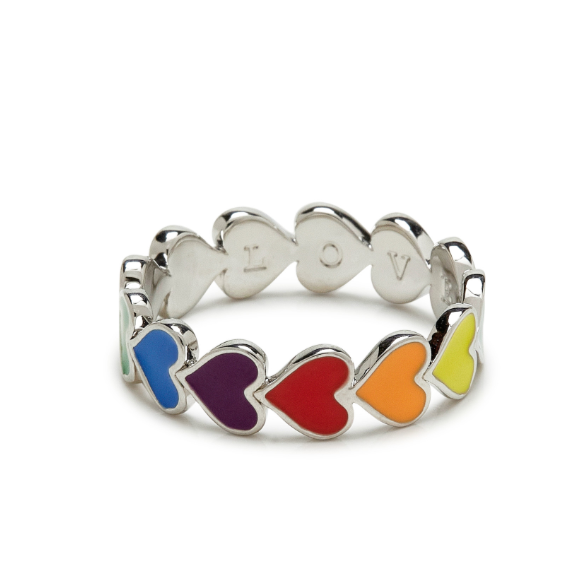 Different colored, horizontal hearts make up the entirety of the ring band. "LOVE" is shown engraved on the inside.