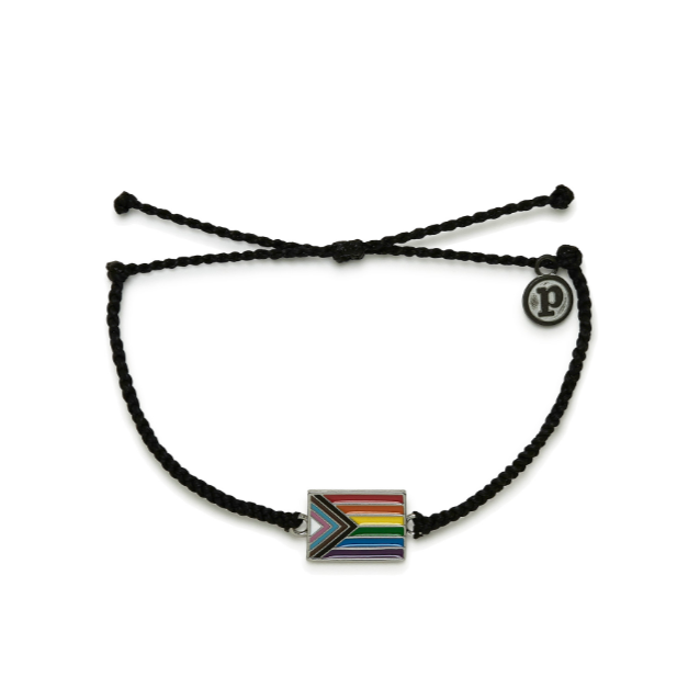 Mini braided black bracelet with LGBTQ pride flag in center.
