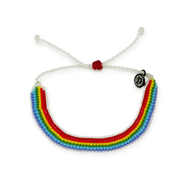 Thick woven bands of rainbow colored seed beads. Has white adjustable strings.