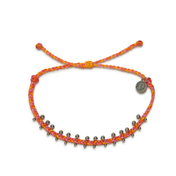 Orange, yellow and purple mini braided bracelet. Has small silver metal beads. Adjustable strings are visible.