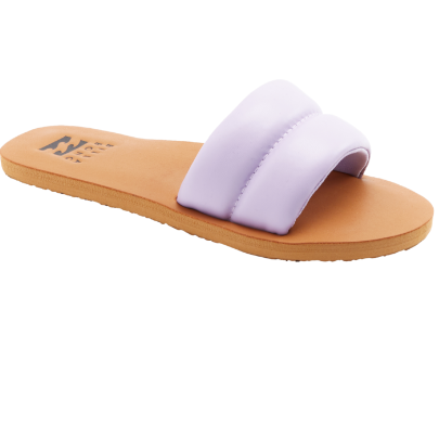 Slide on sandal with brown footbed and lavendar padded strap.