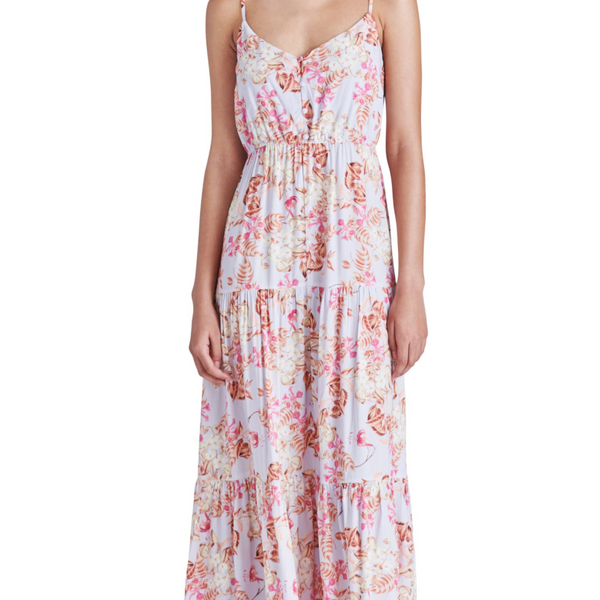 front view of model in dress. shows the v-neckline, tiered flowy skirt and spaghetti straps.