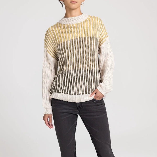 Person wearing a patterned sweater and black pants on a white background