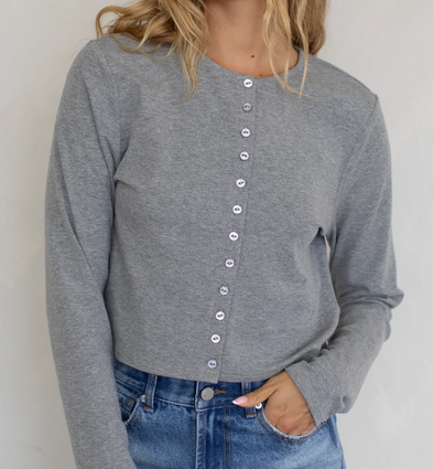 Pam Button Down Long Sleeve Top (Heather Grey)