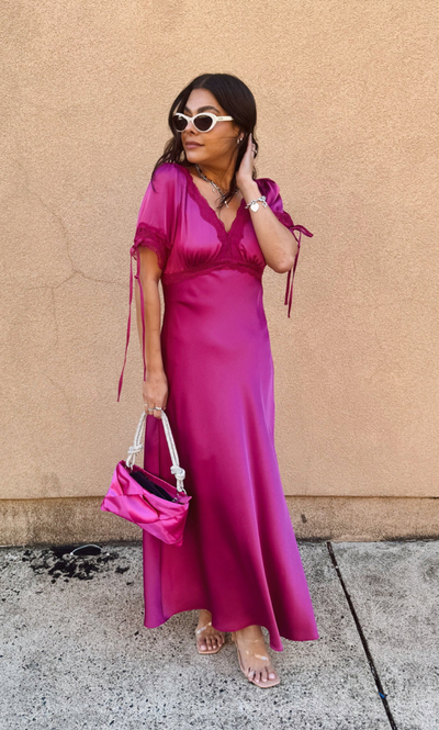 Whimsical Satin Midi Dress Magenta Rose / Medium