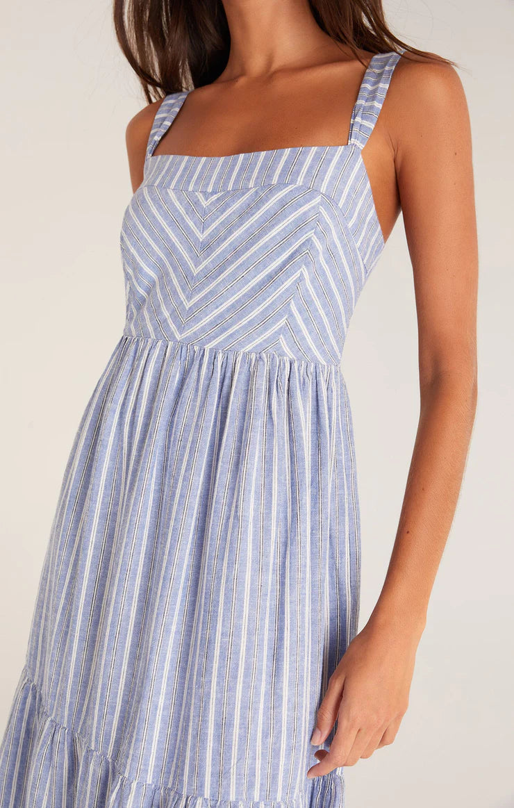 Closer look at the front of the dress. Shows the multi directional stripes and square neckline.
