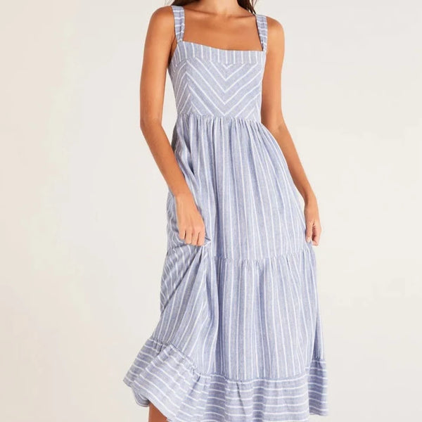 Front of dress. Shows square neckline, wide straps, and tiered skirt. Has multi directional stripes all over.