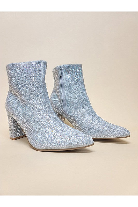 high sparkle ankle bootie with pointed toe
